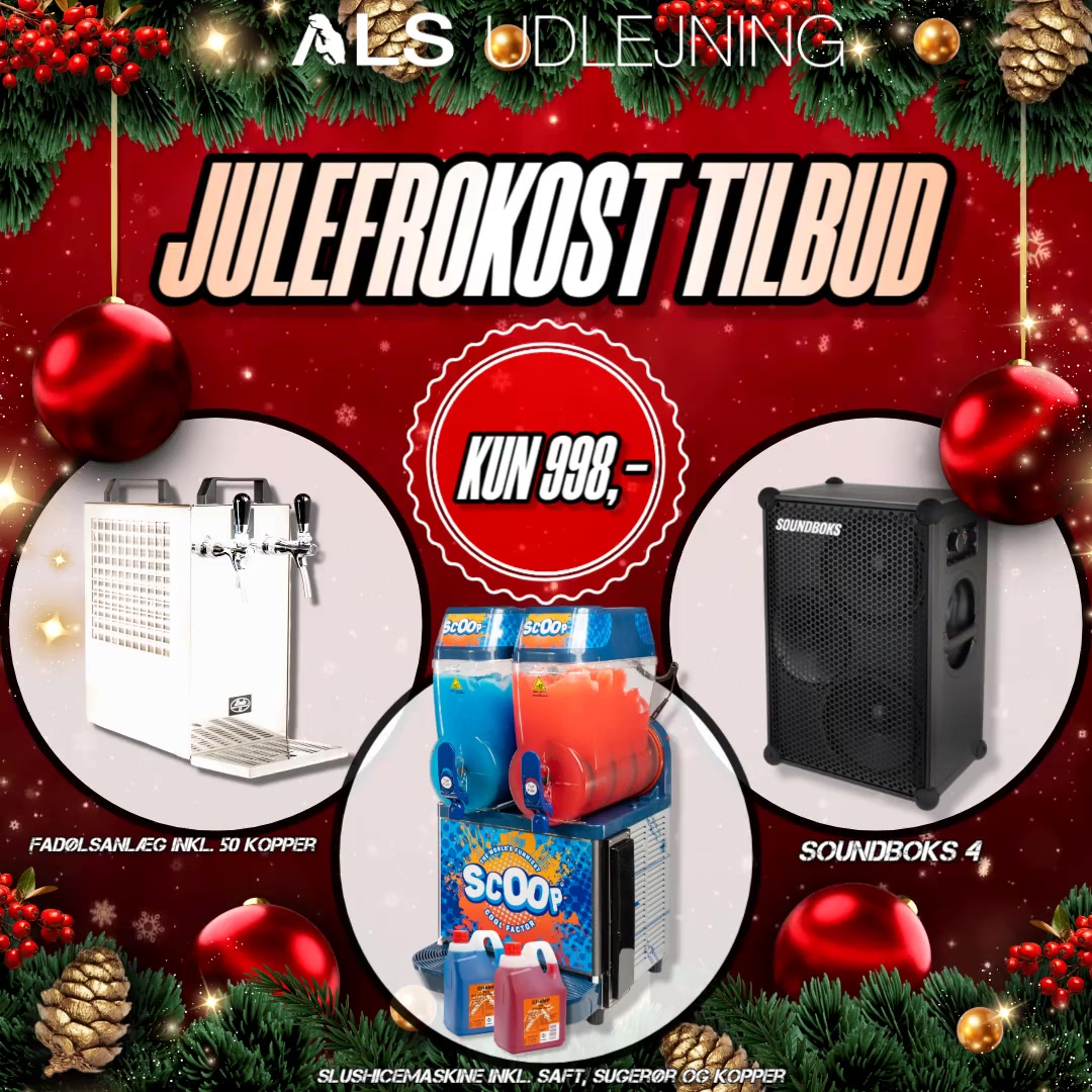 Julefrokost tilbud fadøl, slushice, soundboks